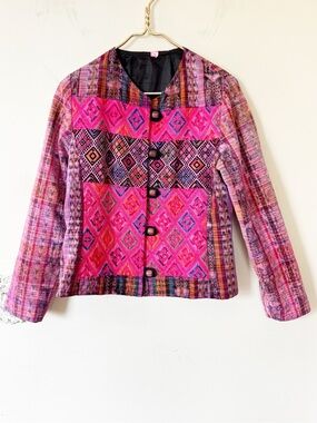 Vintage Bohemian Pink Embroidered Ikat Patchwork Southwestern Blazer Jacket S